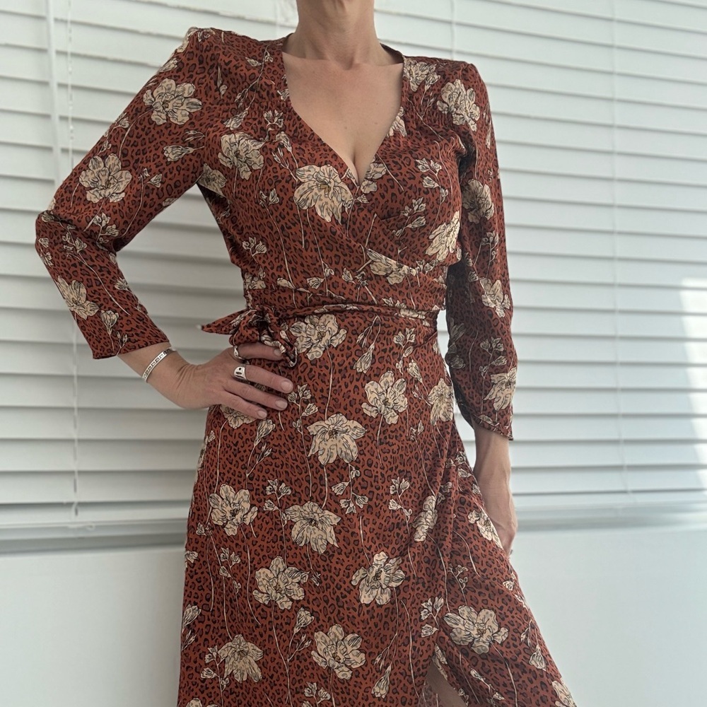 Rust Floral Wrap Midi Dress - Women